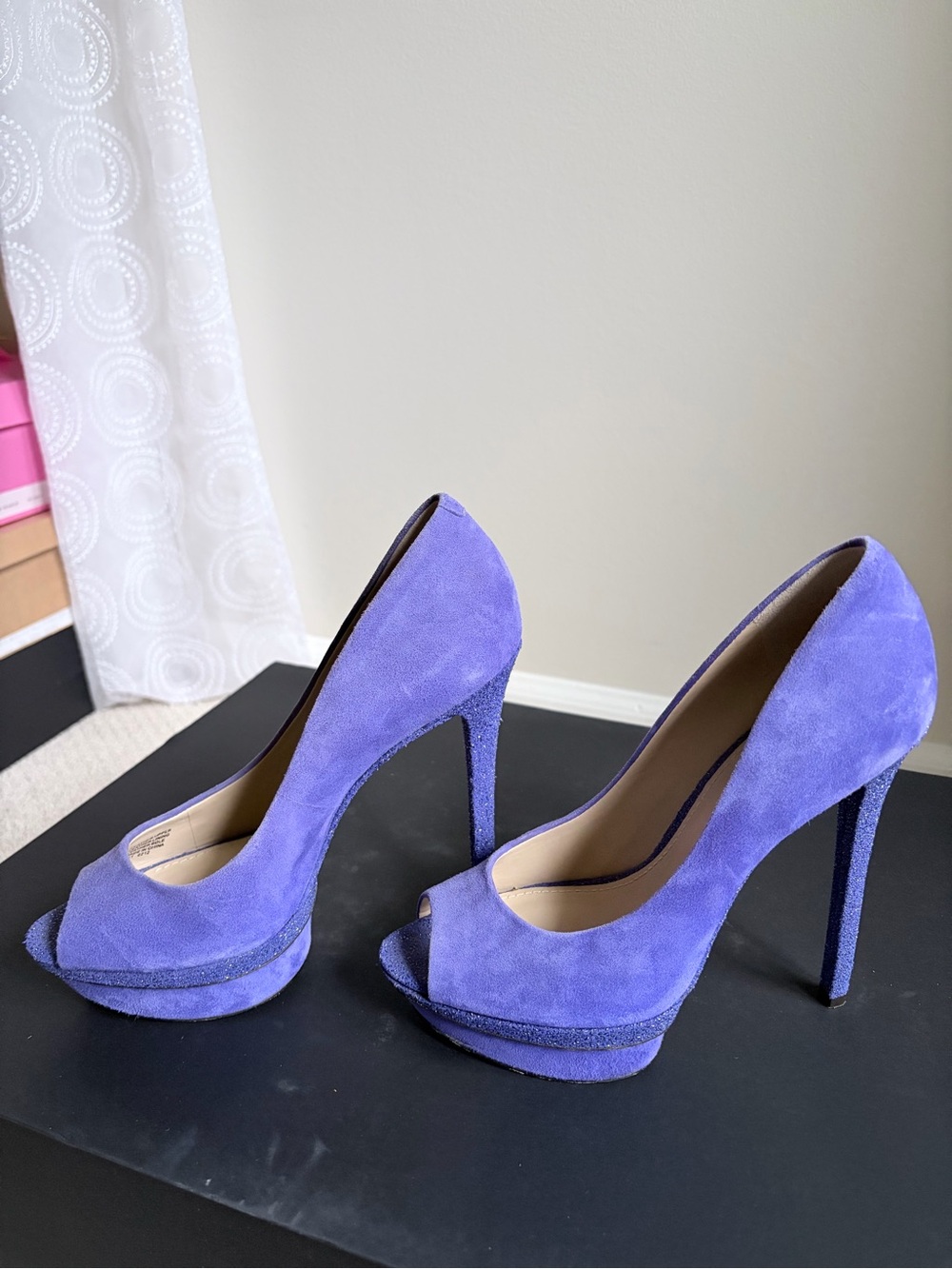 B Brian Atwood Purple Suede Glitter Peep-Toe Platform Pumps Size 7